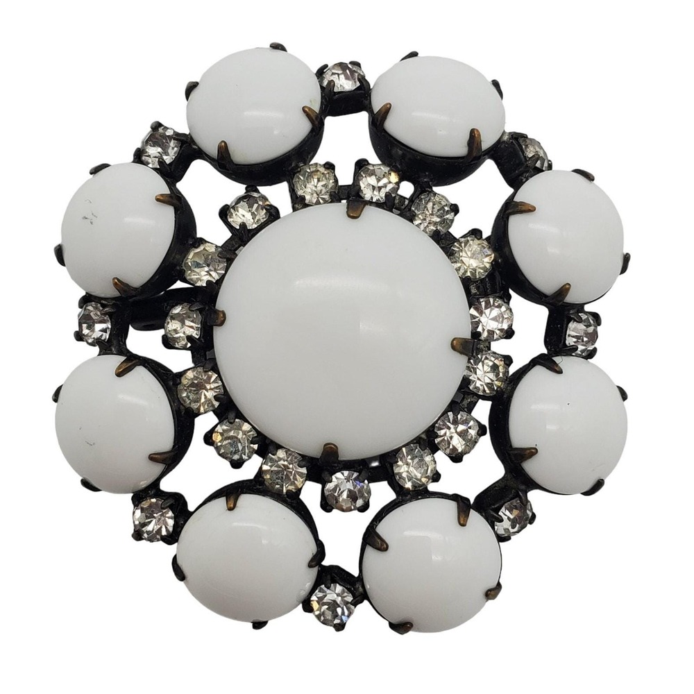 White Milk Glass Brooch Clear Rhinestone Round Pin Spring Summer Bride 1960s Vtg